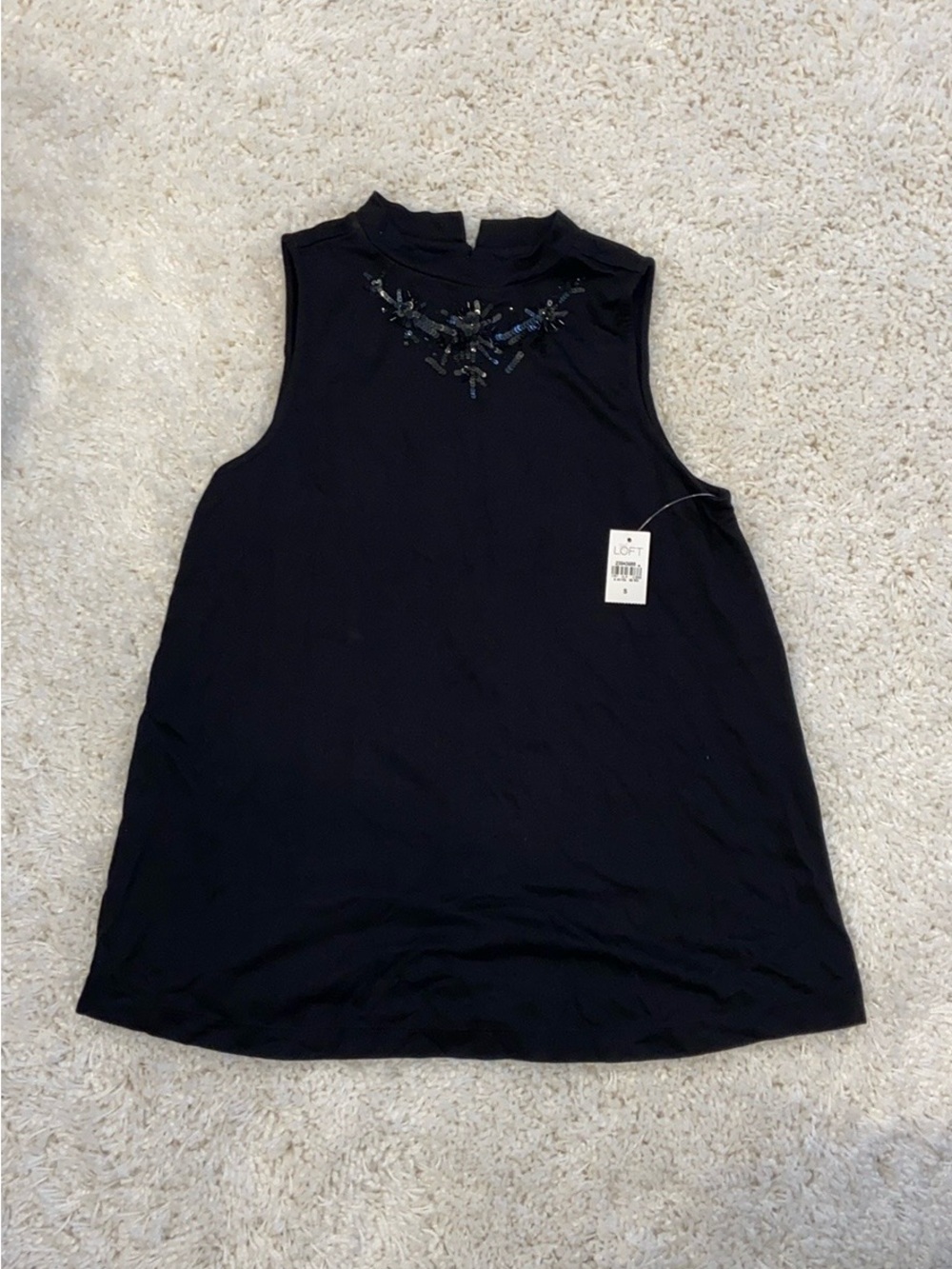 LOFT Black Sleeveless Mock-Neck Top with Beaded Yoke